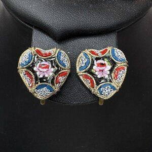 Vtg Heart Shaped Micro Mosaic Glass Italy Screw Back Earrings Huggie Victorian